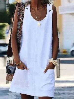 Adelyn New Ladies Pocket Button Cotton Linen Suspender Casual Dress