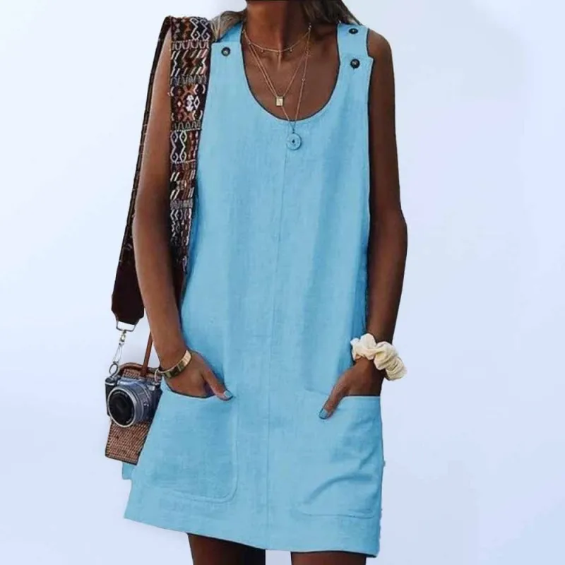 Adelyn New Ladies Pocket Button Cotton Linen Suspender Casual Dress