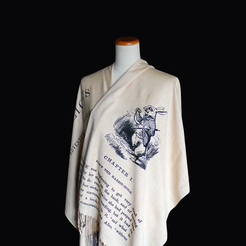 Alice's Adventures in Wonderland by Lewis Carroll Scarf Shawl Wrap. Book scarf, Literary scarf, Classic Literature, Alice in Wonderland