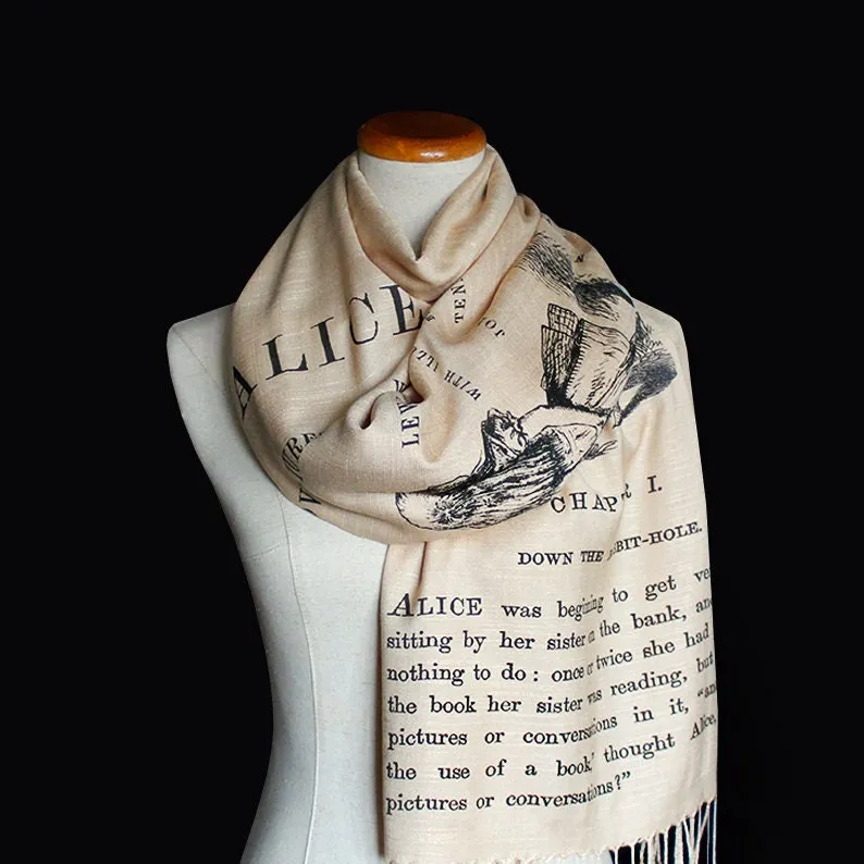 Alice's Adventures in Wonderland by Lewis Carroll Scarf Shawl Wrap. Book scarf, Literary scarf, Classic Literature, Alice in Wonderland