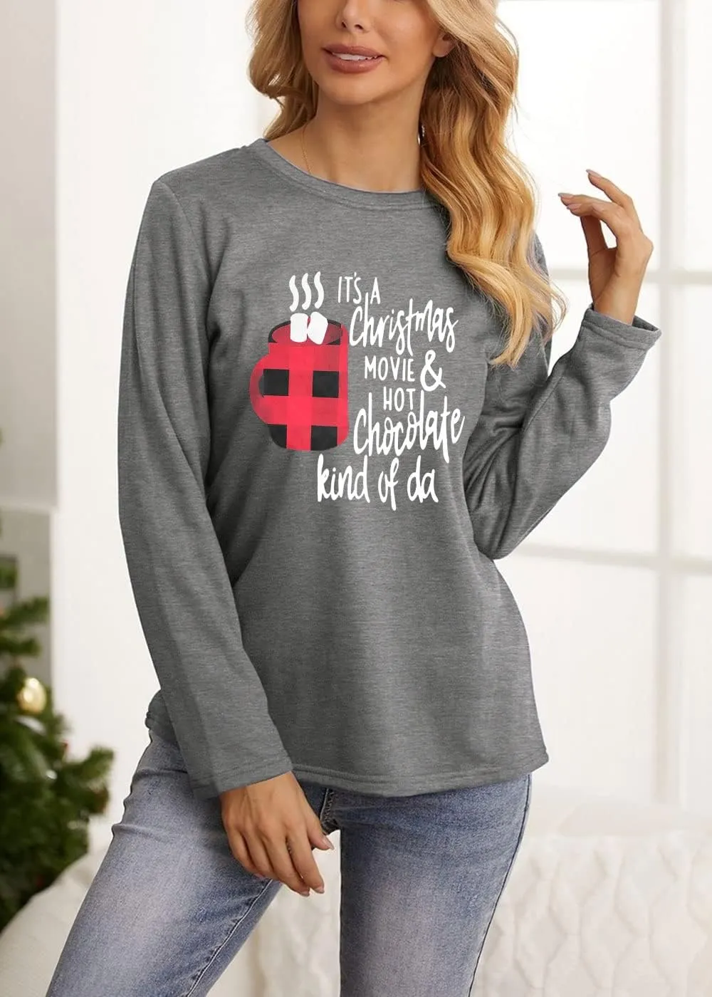 Anbech Womens Christmas Coffee Graphic Tshirt Merry Christmas Long Sleeve Vacation Tops