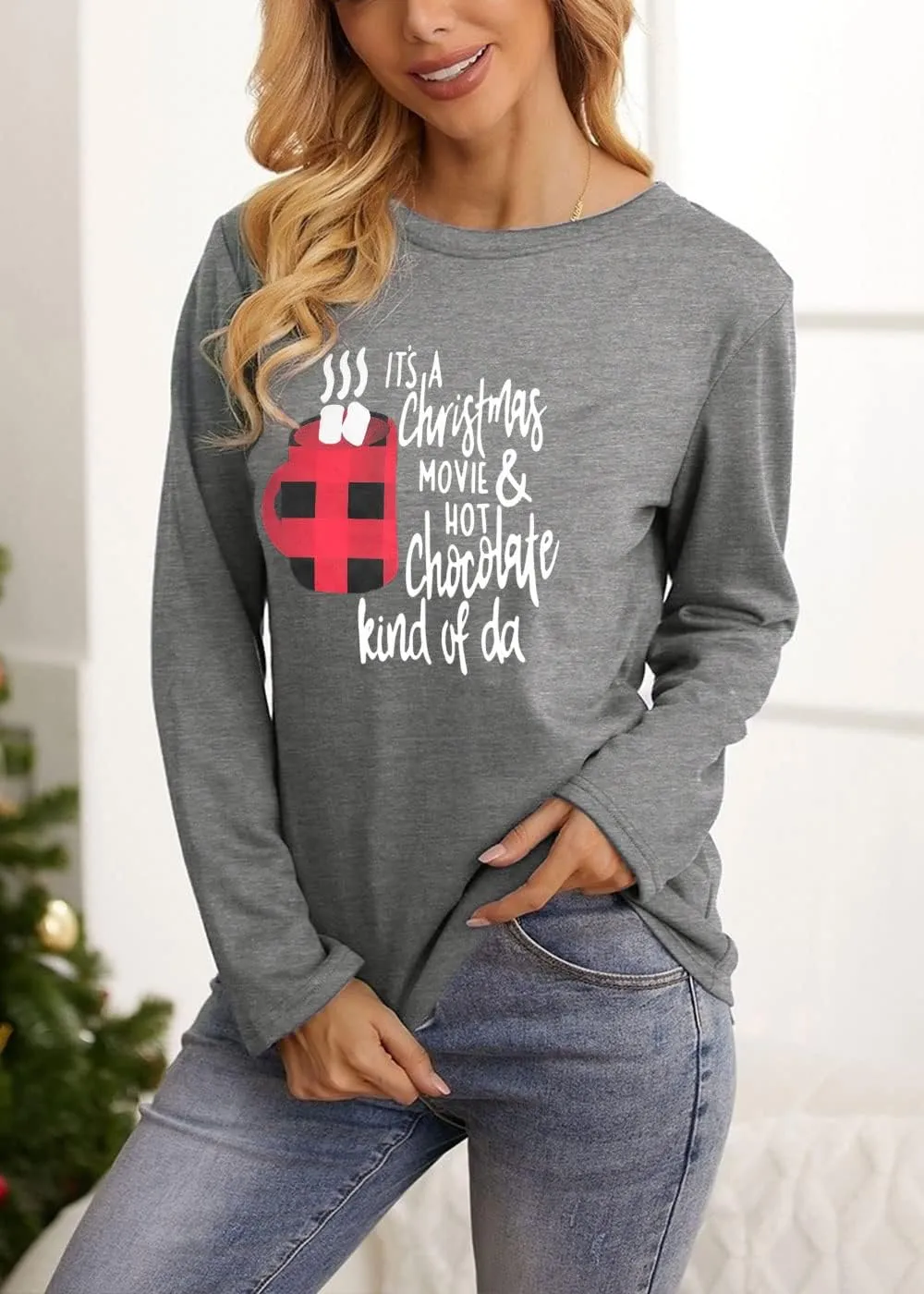 Anbech Womens Christmas Coffee Graphic Tshirt Merry Christmas Long Sleeve Vacation Tops