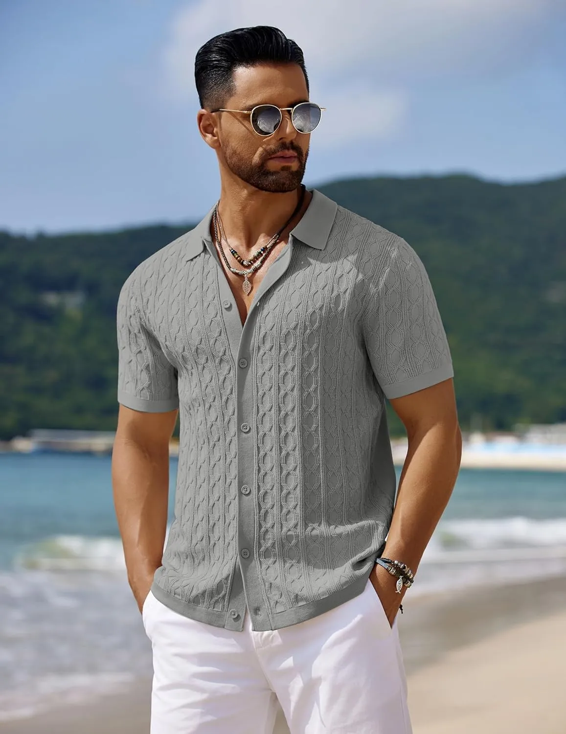 COOFANDY Men's Knit Short Sleeve Shirts Button Down Vintage Knitted Polo Shirt Casual Beach Crochet Cable Vacation Shirt