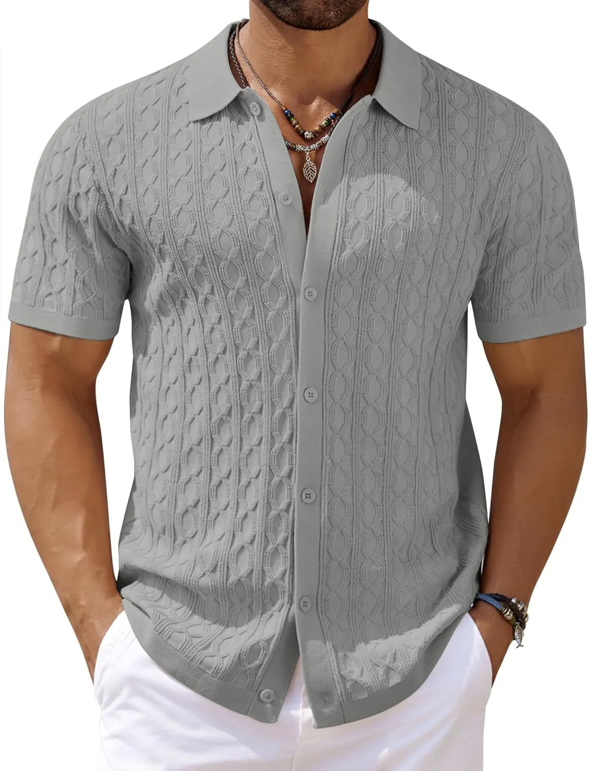COOFANDY Men's Knit Short Sleeve Shirts Button Down Vintage Knitted Polo Shirt Casual Beach Crochet Cable Vacation Shirt