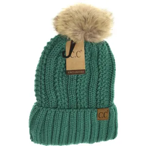Emerald Lined Cable Pom Beanie