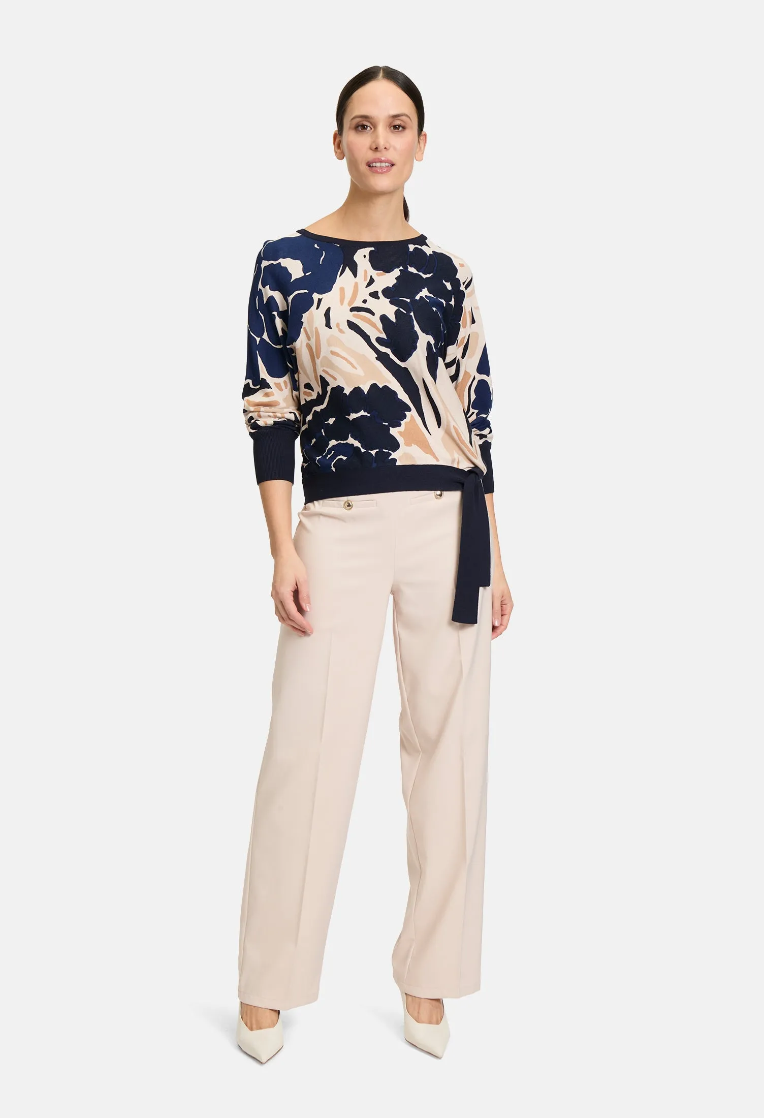 Fine Knit Floral Tie Waist Pullover
