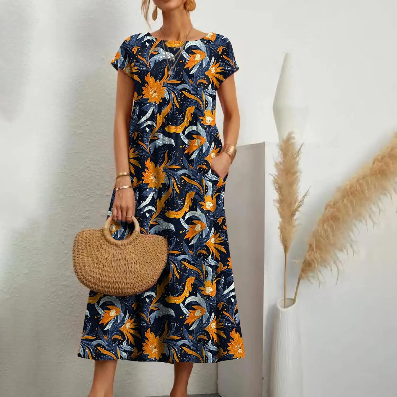 HOTYD Women's Boho Floral Midi Dress Summer Vacation Casual Flowy Pleated Short Sleeve Long Tshirt Dress with Pockets