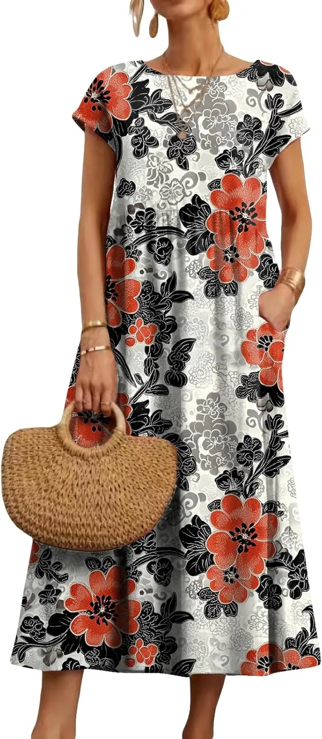 HOTYD Women's Boho Floral Midi Dress Summer Vacation Casual Flowy Pleated Short Sleeve Long Tshirt Dress with Pockets