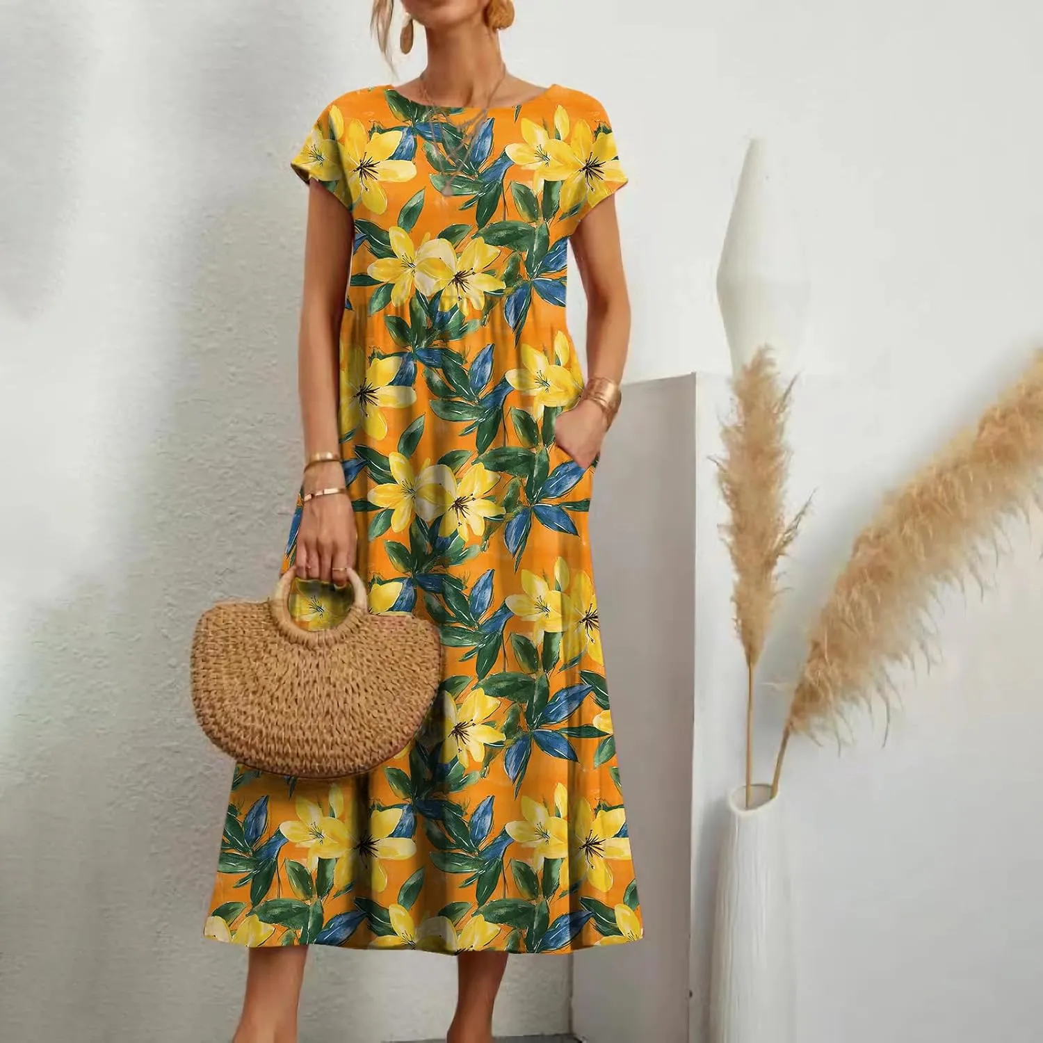 HOTYD Women's Boho Floral Midi Dress Summer Vacation Casual Flowy Pleated Short Sleeve Long Tshirt Dress with Pockets