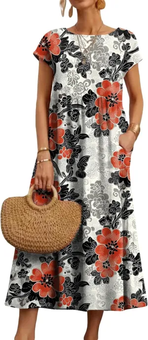 HOTYD Women's Boho Floral Midi Dress Summer Vacation Casual Flowy Pleated Short Sleeve Long Tshirt Dress with Pockets