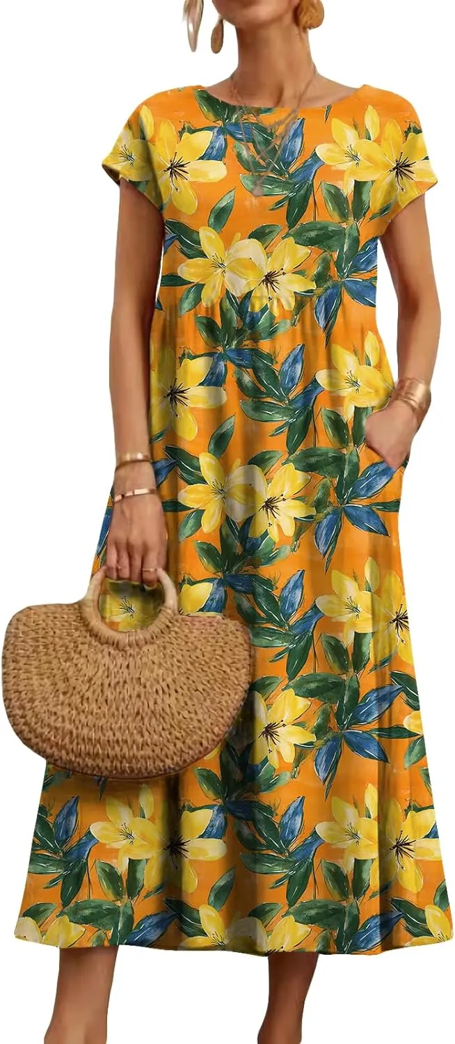 HOTYD Women's Boho Floral Midi Dress Summer Vacation Casual Flowy Pleated Short Sleeve Long Tshirt Dress with Pockets