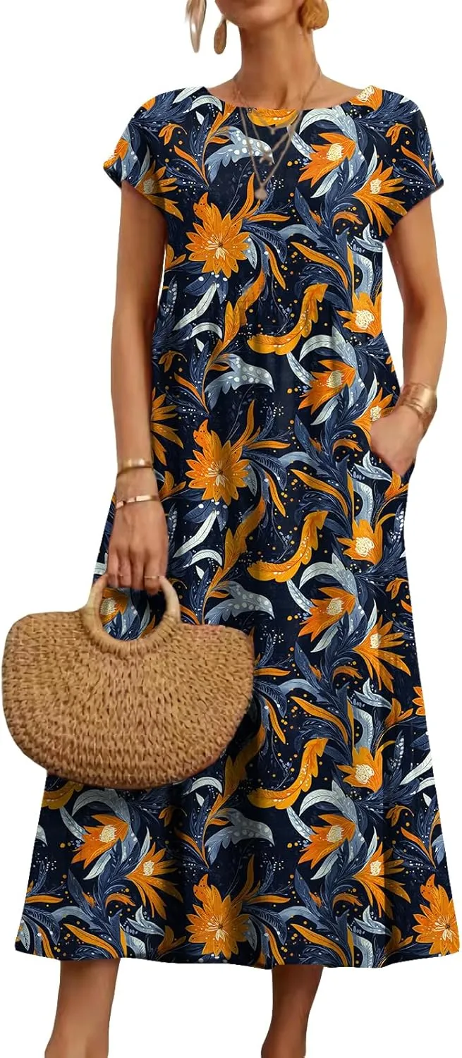 HOTYD Women's Boho Floral Midi Dress Summer Vacation Casual Flowy Pleated Short Sleeve Long Tshirt Dress with Pockets