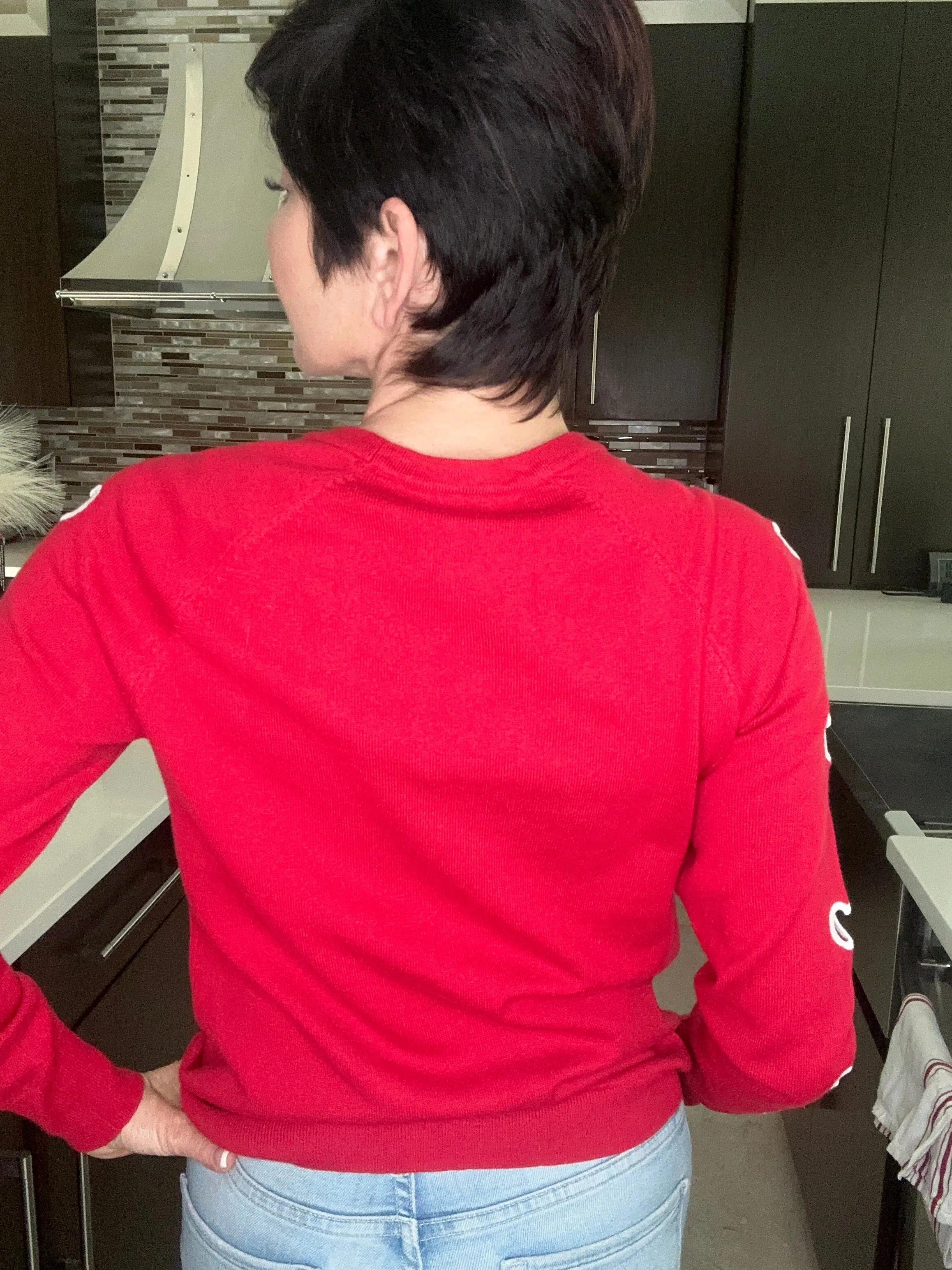 Intarsia Heart Sleeve Crew Neck Sweater