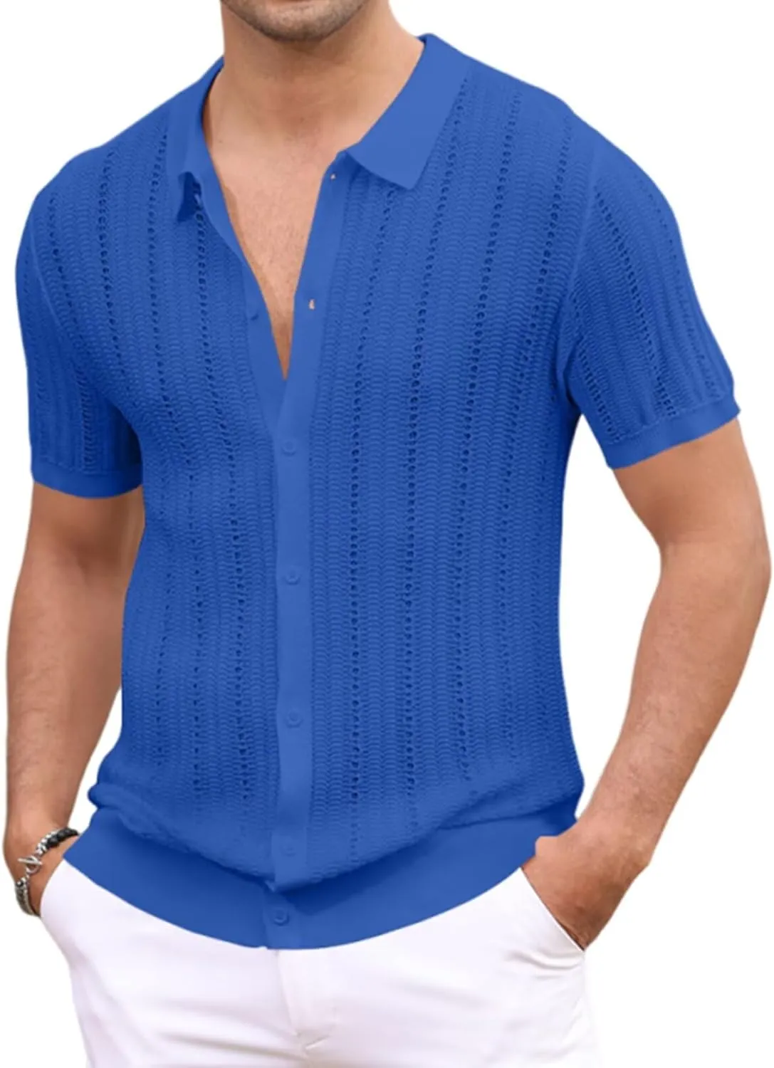 Knit Shirts for Men Vintage Short Sleeve Button Down Shirts Summer Stretch Fit Textured Beach Polo Tops