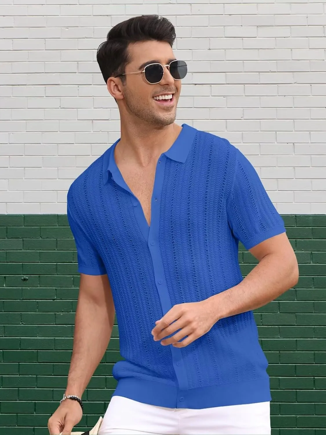 Knit Shirts for Men Vintage Short Sleeve Button Down Shirts Summer Stretch Fit Textured Beach Polo Tops