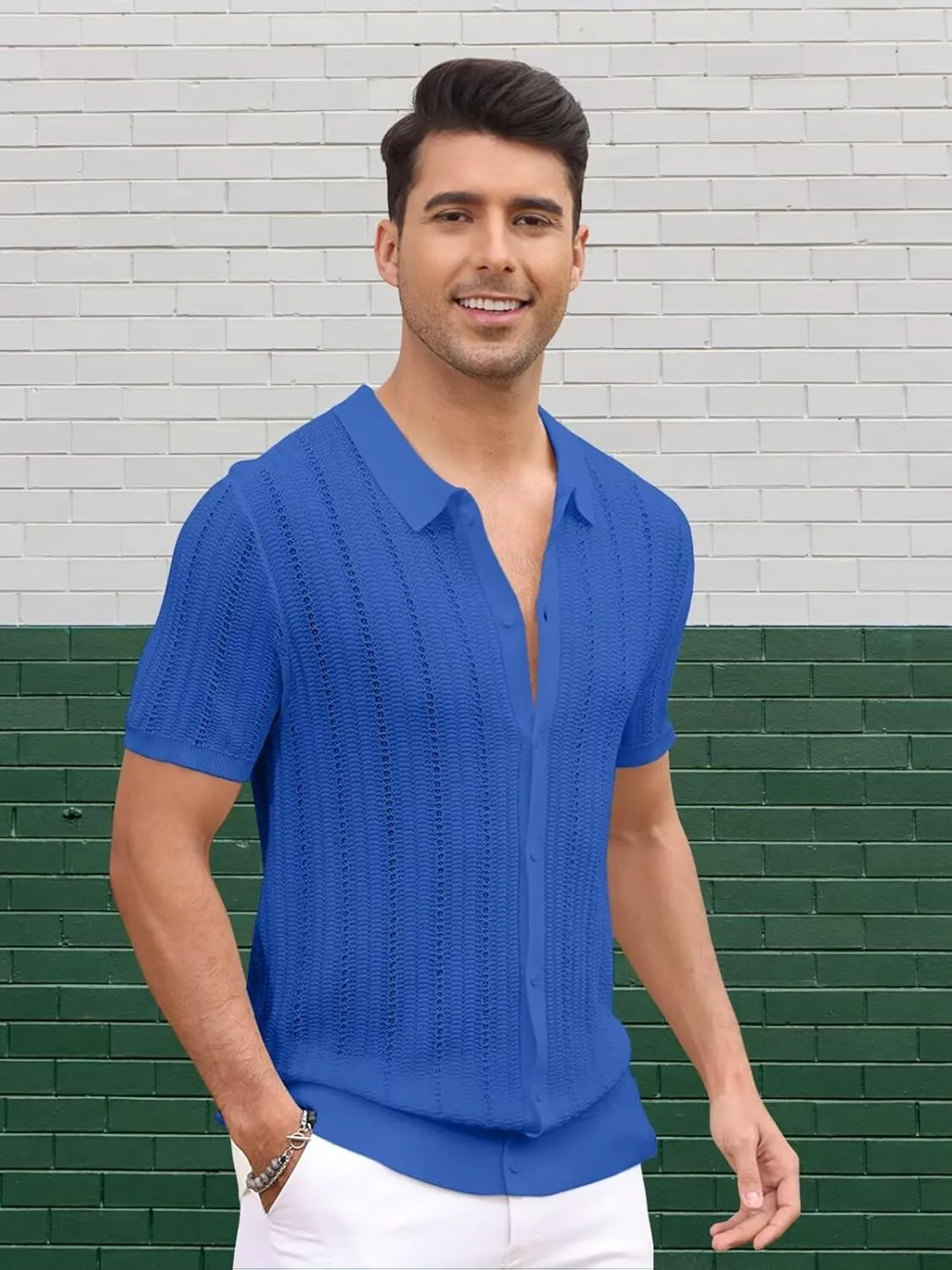 Knit Shirts for Men Vintage Short Sleeve Button Down Shirts Summer Stretch Fit Textured Beach Polo Tops