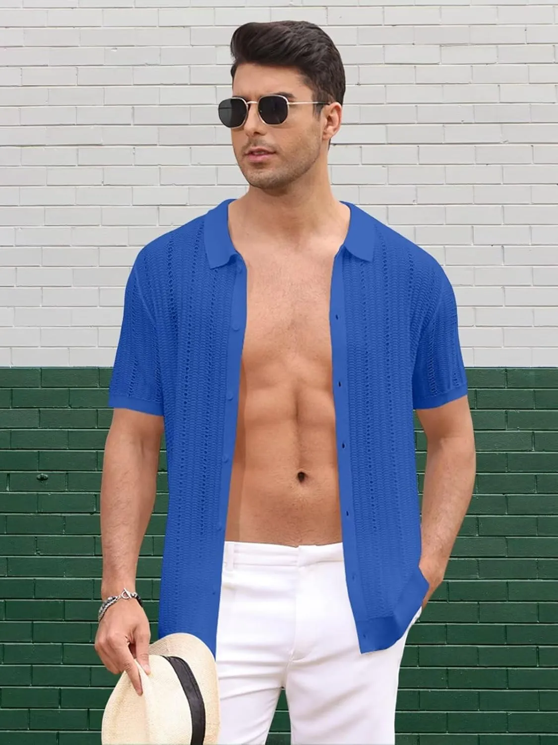 Knit Shirts for Men Vintage Short Sleeve Button Down Shirts Summer Stretch Fit Textured Beach Polo Tops