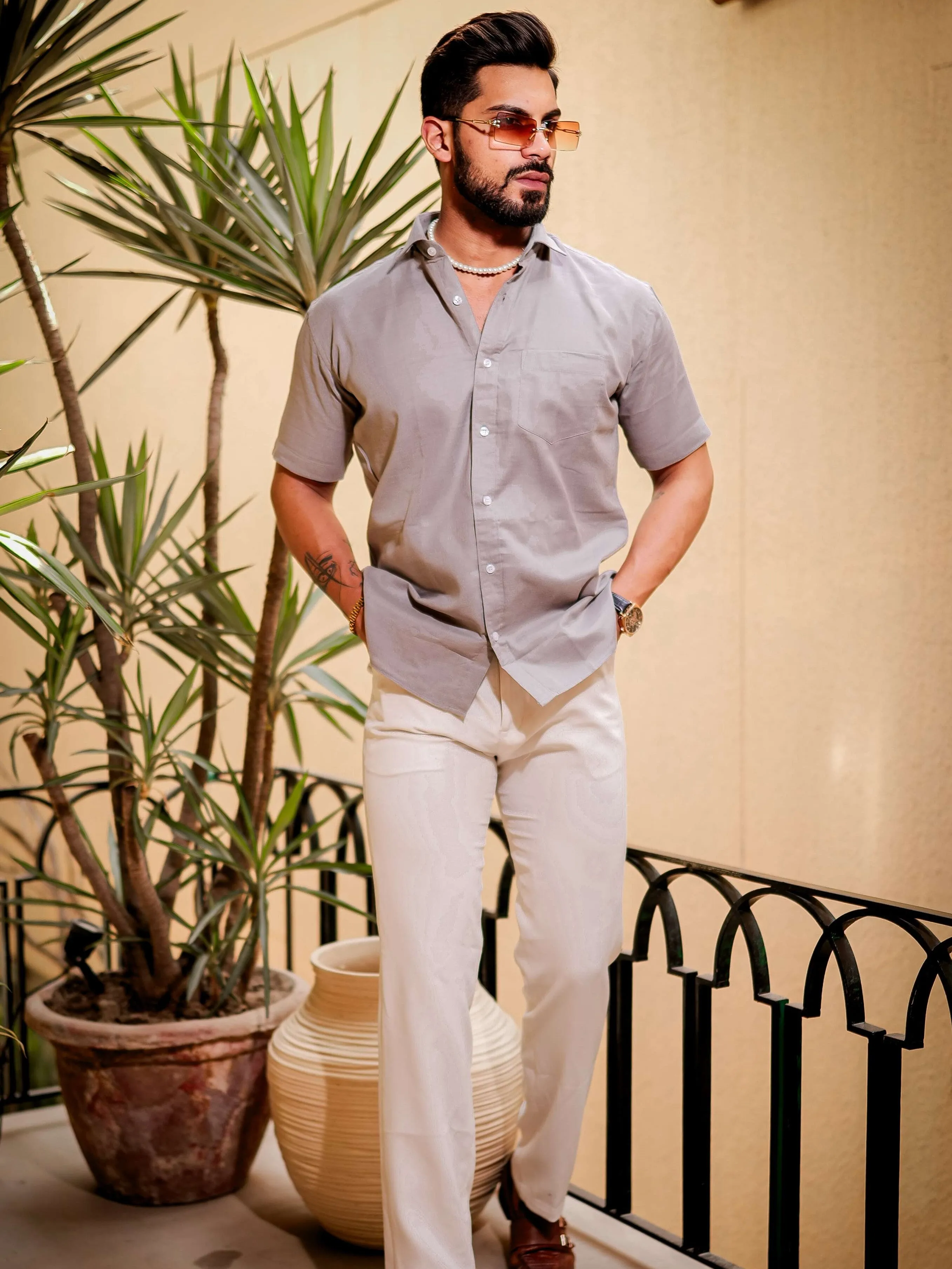 Light Grey Luxury Formal linen Cotton Shirt For Men's