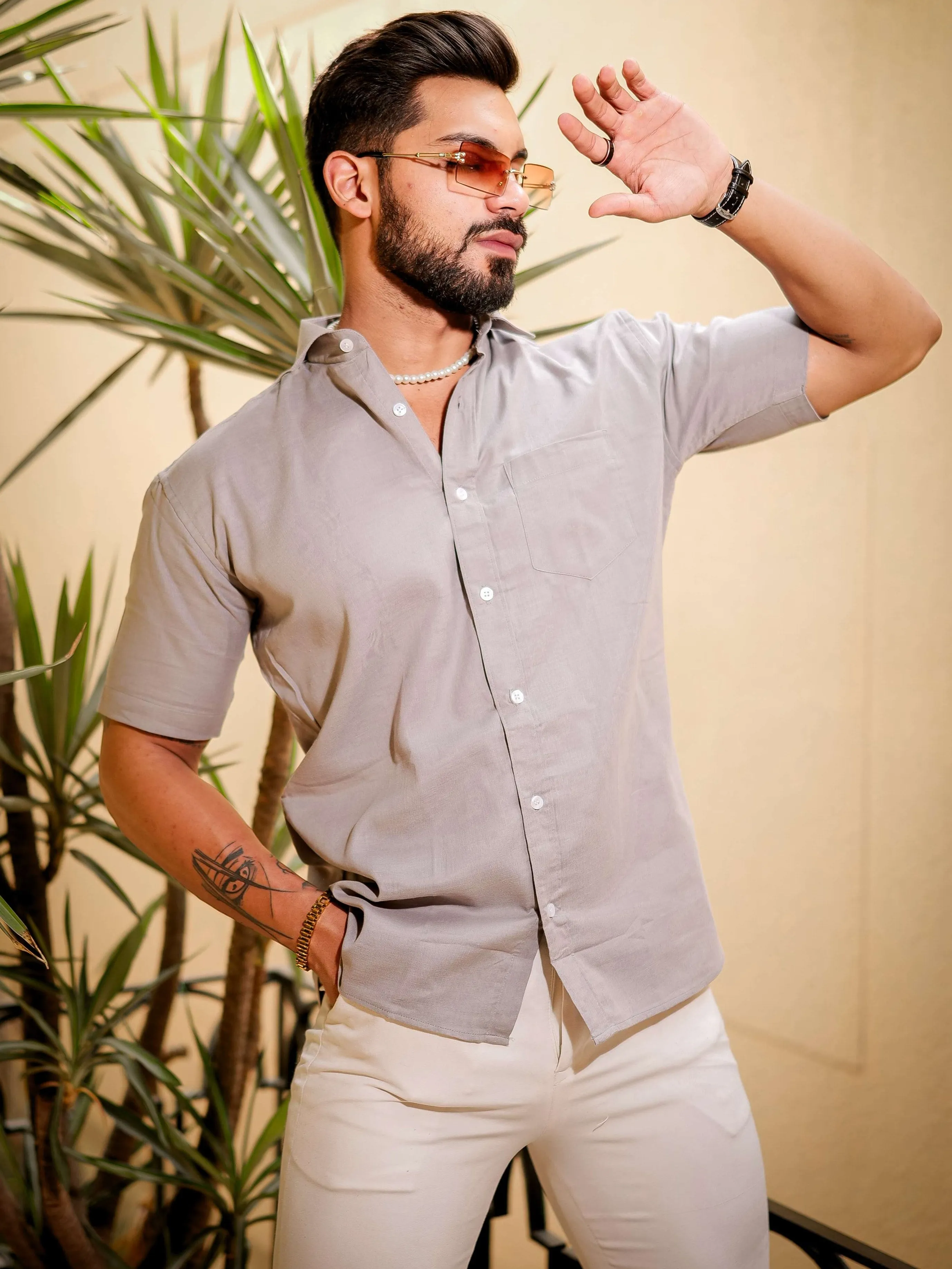 Light Grey Luxury Formal linen Cotton Shirt For Men's