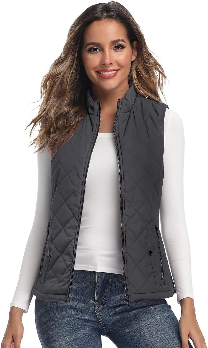 LONGKING Women's Vest, Stand Collar Lightweight Zip Quilted Vest for Women
