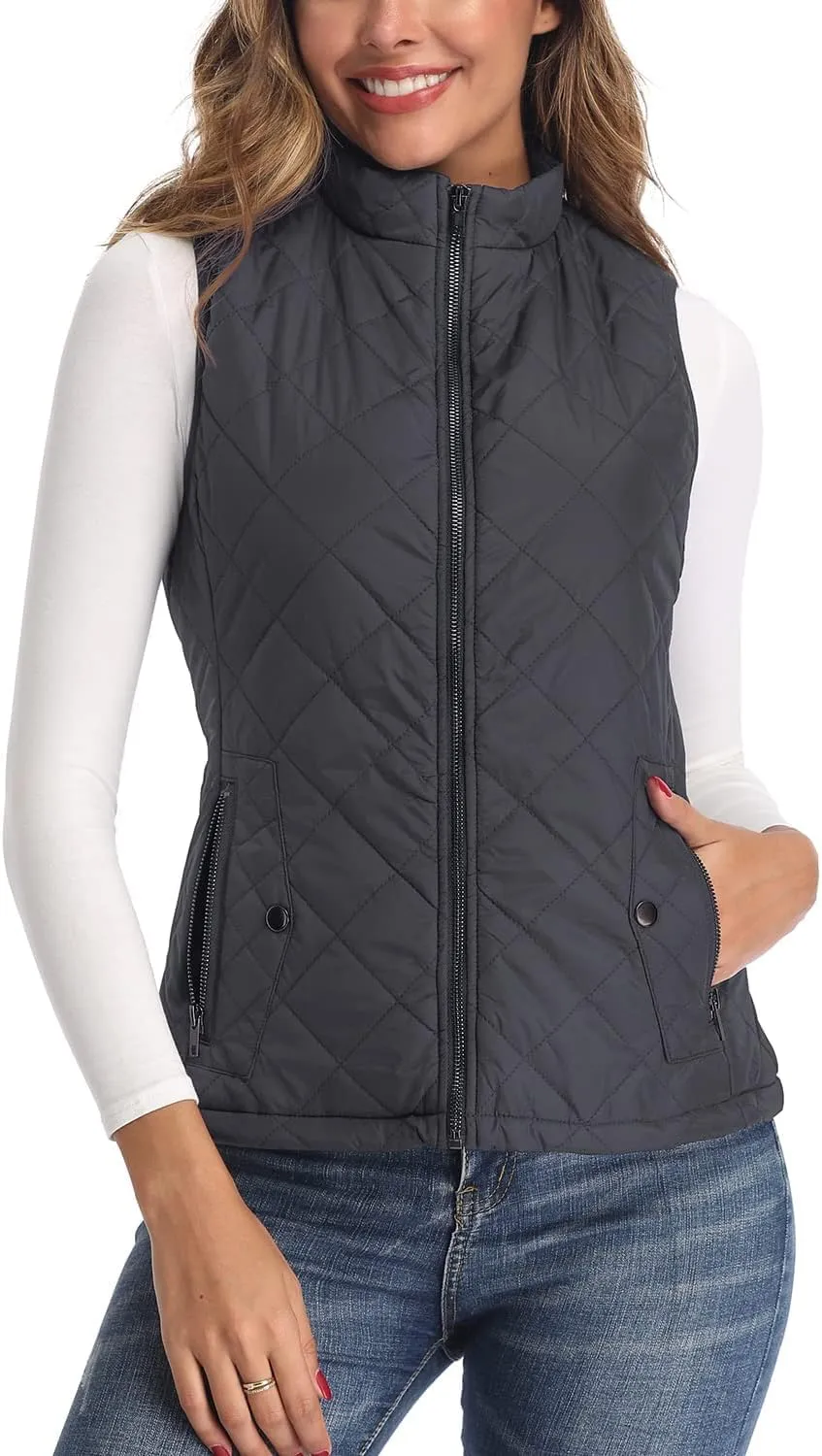 LONGKING Women's Vest, Stand Collar Lightweight Zip Quilted Vest for Women