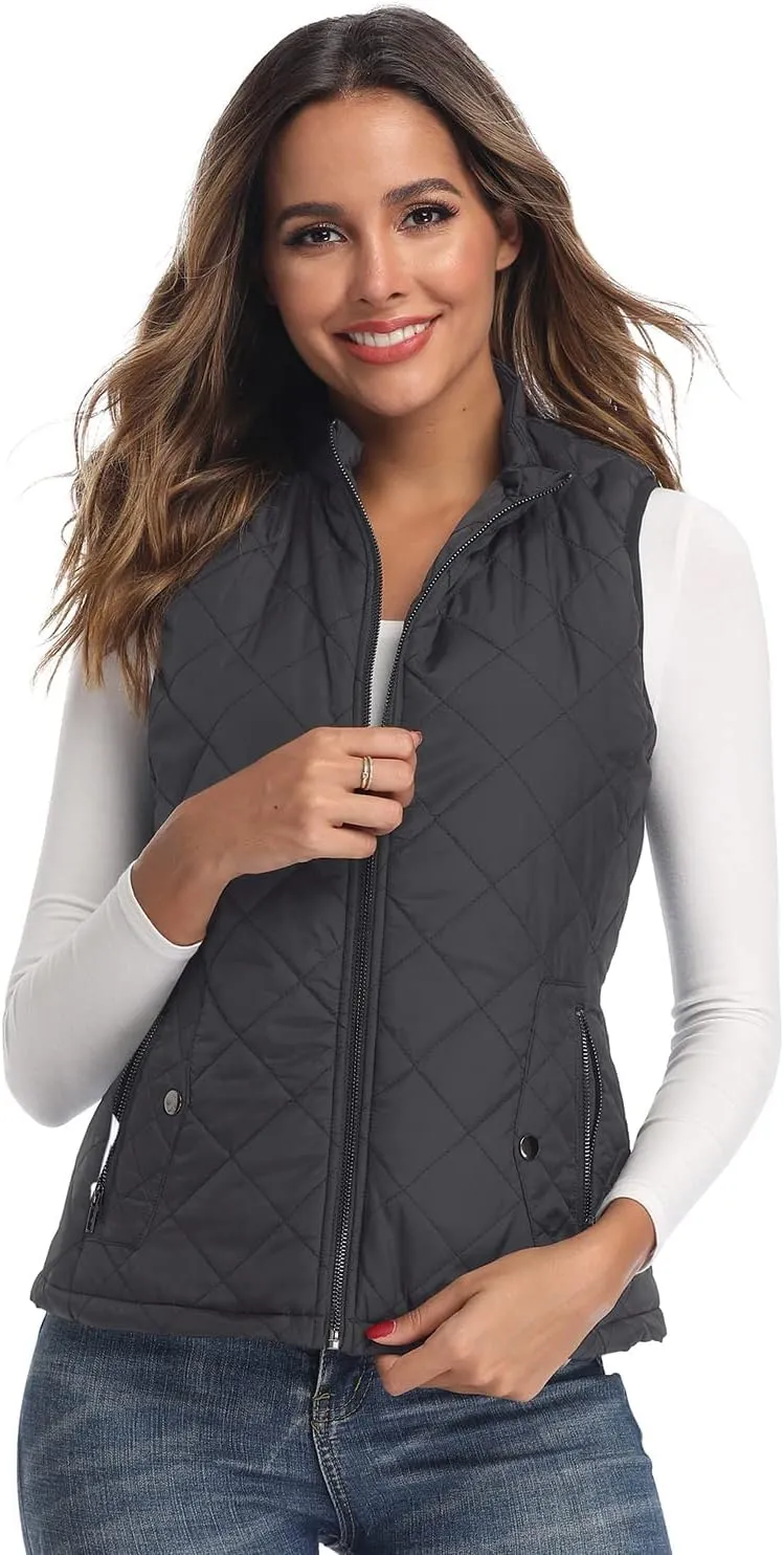 LONGKING Women's Vest, Stand Collar Lightweight Zip Quilted Vest for Women