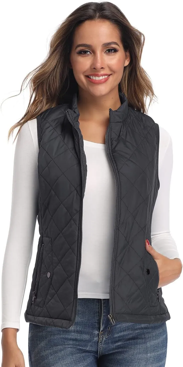 LONGKING Women's Vest, Stand Collar Lightweight Zip Quilted Vest for Women