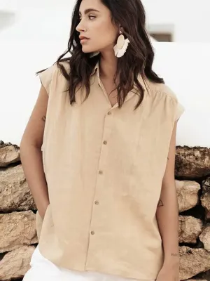 Lulee New Cotton And Linen Simple Casual Sleeveless Solid Color Shirt Tops