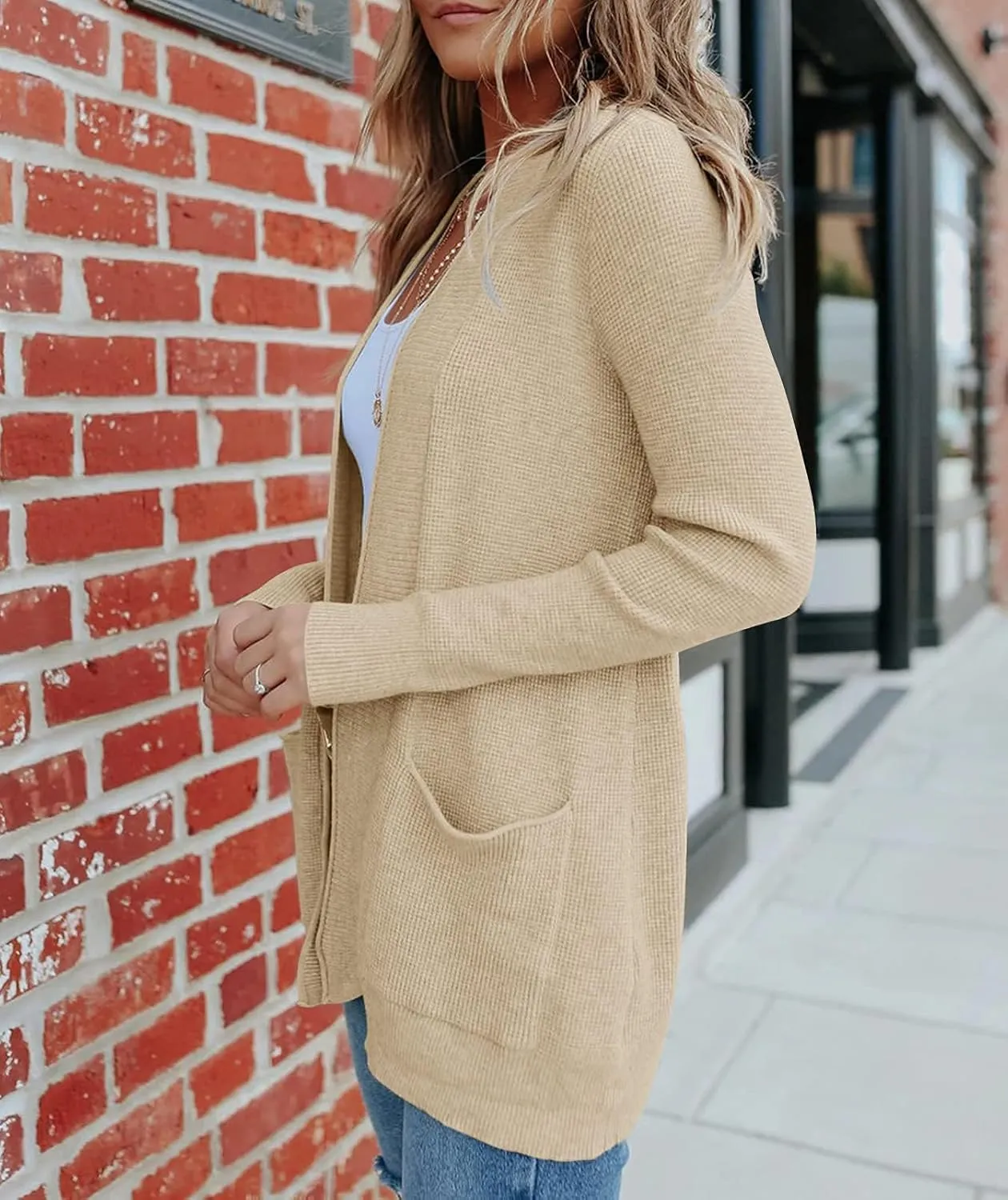 MEROKEETY Women's 2025 Fall Open Front Waffle Knit Cardigan Long Sleeve Cozy Knit Sweaters with Pockets