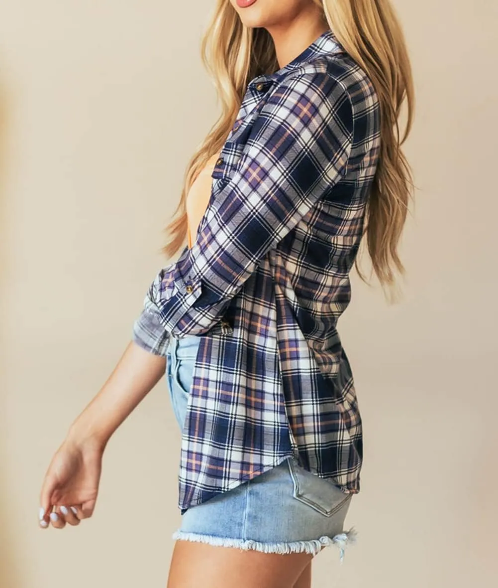 NUOREEL Women's Classic Plaid Shirt Button Down Shirts Roll Up Long Sleeve Cuffed Shirts