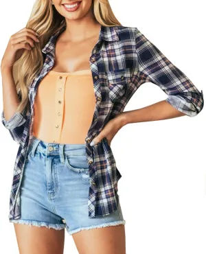 NUOREEL Women's Classic Plaid Shirt Button Down Shirts Roll Up Long Sleeve Cuffed Shirts
