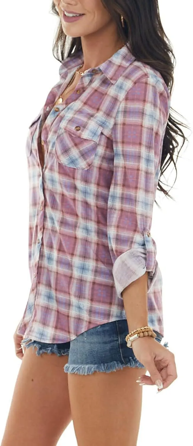 NUOREEL Women's Classic Plaid Shirt Button Down Shirts Roll Up Long Sleeve Cuffed Shirts