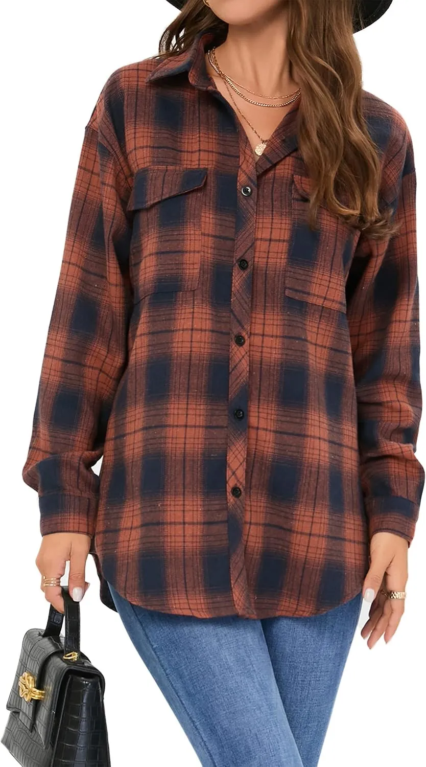 Oyamiki Womens Casual Cuffed Long Sleeve Boyfriend Button Down Plaid Flannel Shirt Tops