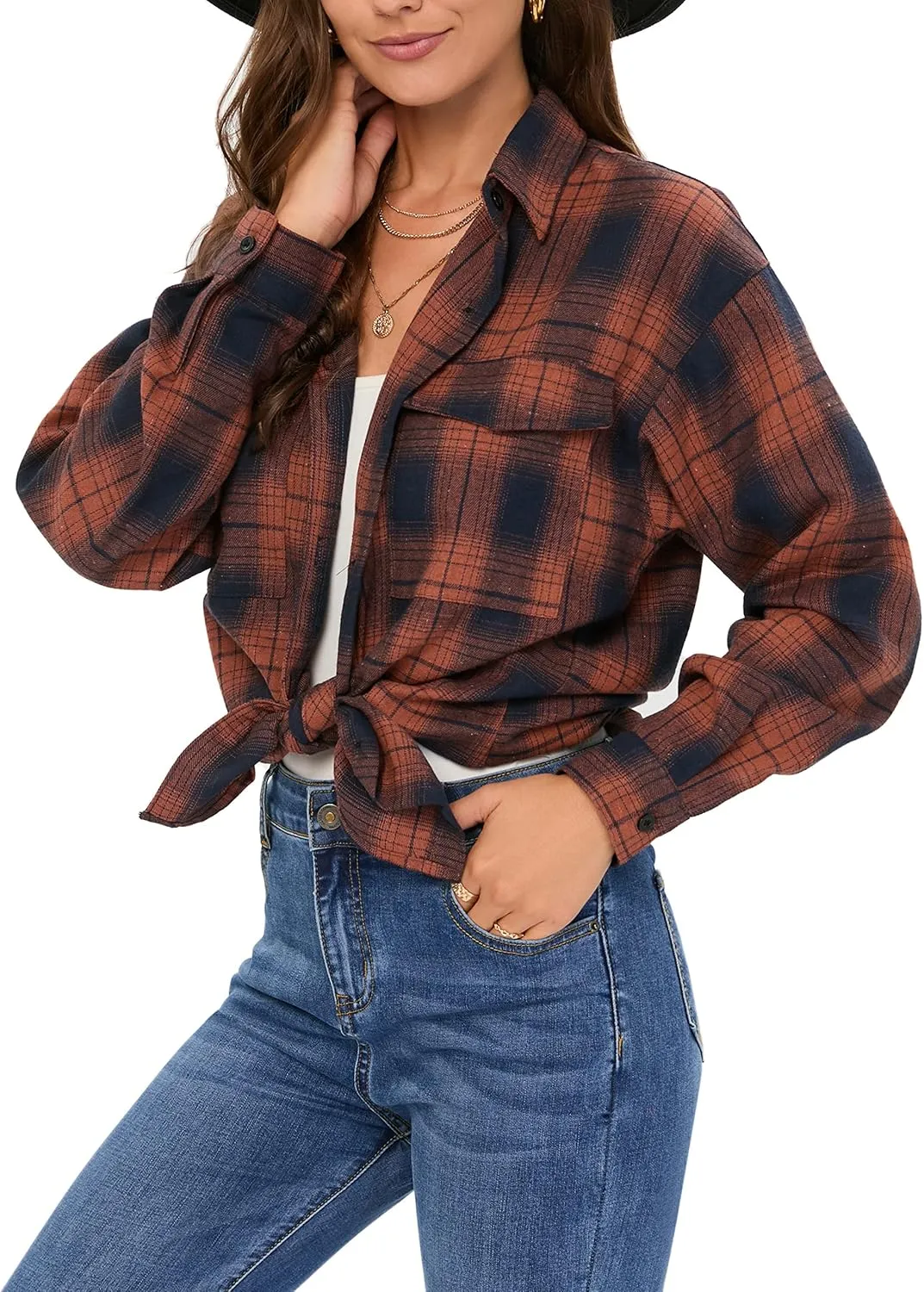 Oyamiki Womens Casual Cuffed Long Sleeve Boyfriend Button Down Plaid Flannel Shirt Tops