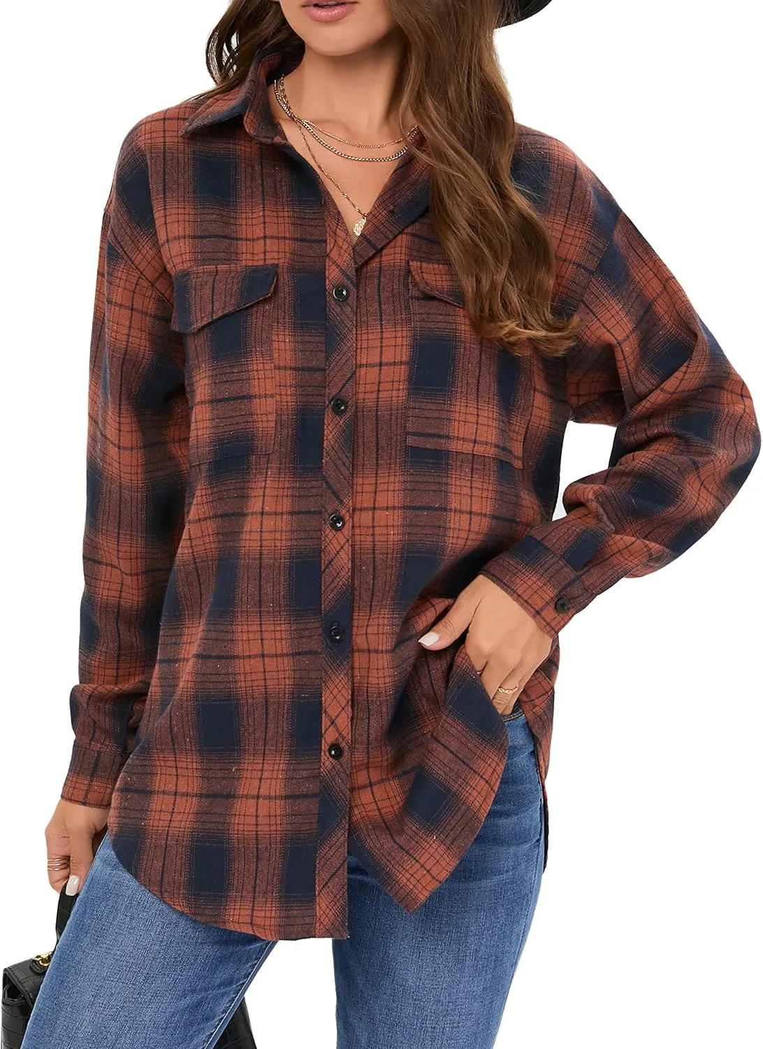 Oyamiki Womens Casual Cuffed Long Sleeve Boyfriend Button Down Plaid Flannel Shirt Tops