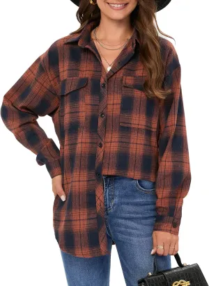 Oyamiki Womens Casual Cuffed Long Sleeve Boyfriend Button Down Plaid Flannel Shirt Tops