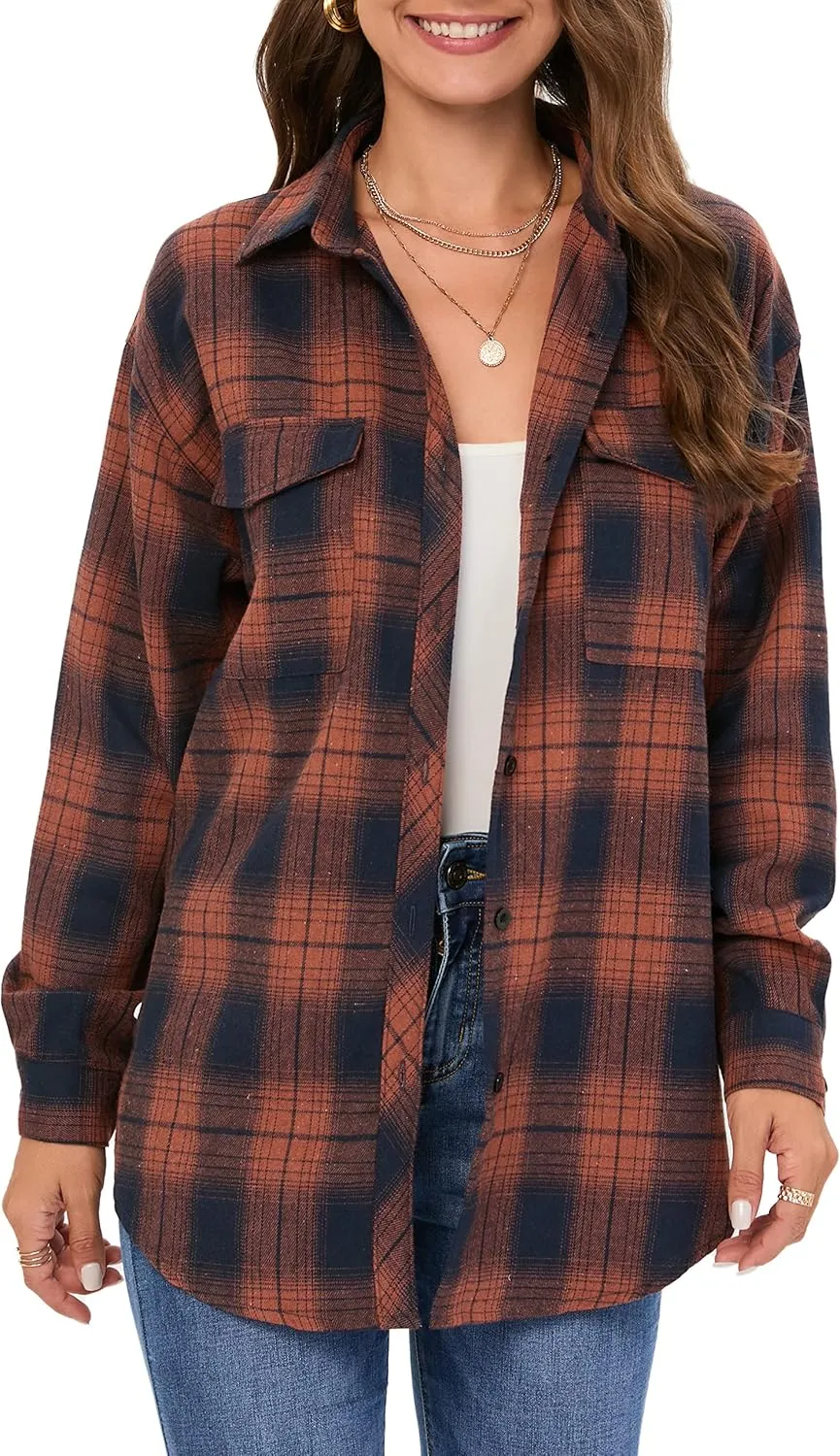 Oyamiki Womens Casual Cuffed Long Sleeve Boyfriend Button Down Plaid Flannel Shirt Tops