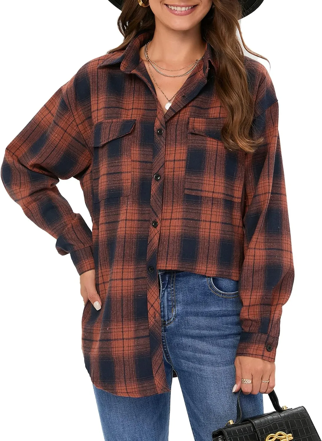 Oyamiki Womens Casual Cuffed Long Sleeve Boyfriend Button Down Plaid Flannel Shirt Tops