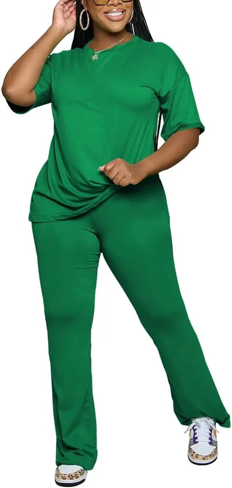 PINSV Women 2 Piece Outfits Short Sleeve Top and Flare Pants Lounge Sets Tracksuit