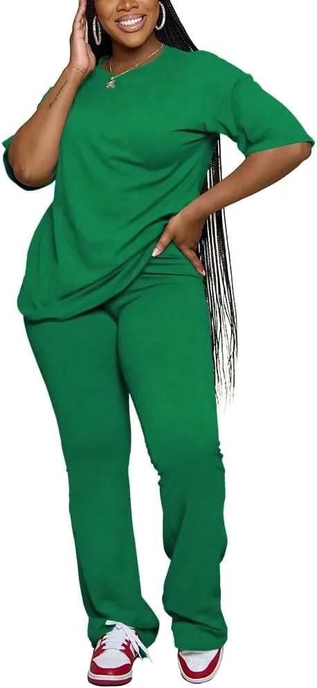 PINSV Women 2 Piece Outfits Short Sleeve Top and Flare Pants Lounge Sets Tracksuit