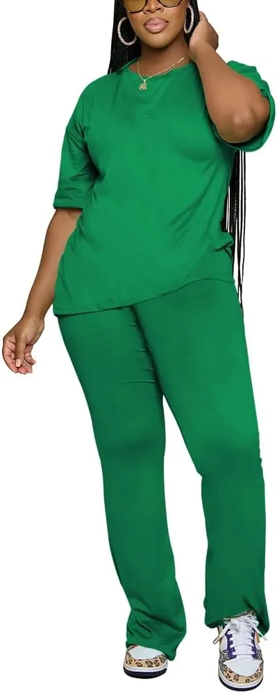 PINSV Women 2 Piece Outfits Short Sleeve Top and Flare Pants Lounge Sets Tracksuit