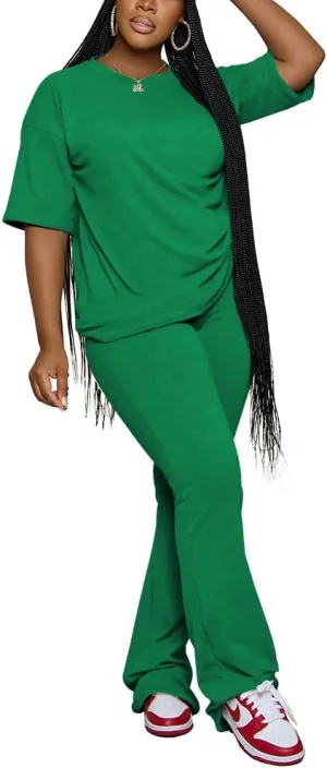 PINSV Women 2 Piece Outfits Short Sleeve Top and Flare Pants Lounge Sets Tracksuit