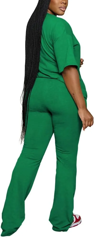 PINSV Women 2 Piece Outfits Short Sleeve Top and Flare Pants Lounge Sets Tracksuit