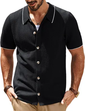 PJ PAUL JONES Men's Knit Polo Shirt Short Sleeve Button Down Shirt Vintage Summer Beach Shirts
