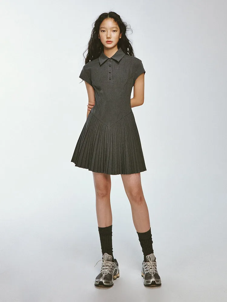 Pleats Polo-Neck Casual Half-Sleeve Casual One-Piece