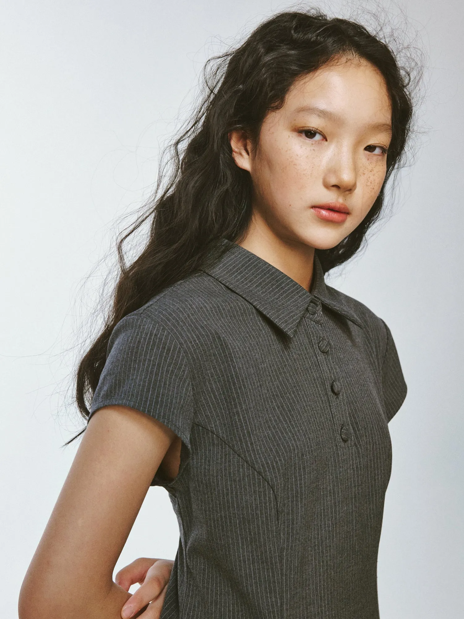 Pleats Polo-Neck Casual Half-Sleeve Casual One-Piece