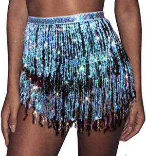 REETAN Sparkly Sequin Fringe Skirt Belly Dance Hip Scarf for Women
