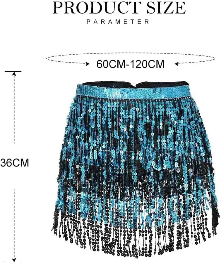 REETAN Sparkly Sequin Fringe Skirt Belly Dance Hip Scarf for Women