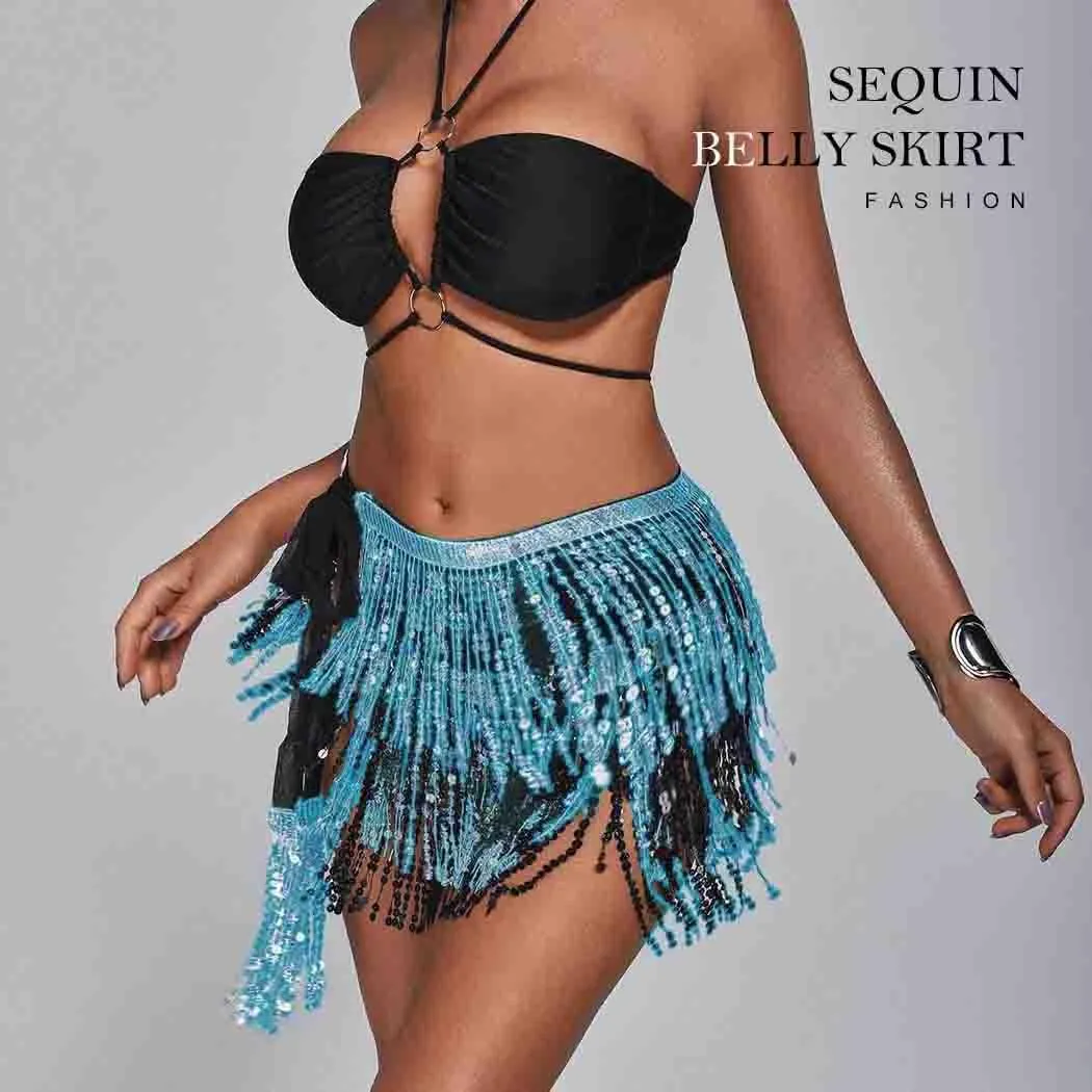 REETAN Sparkly Sequin Fringe Skirt Belly Dance Hip Scarf for Women