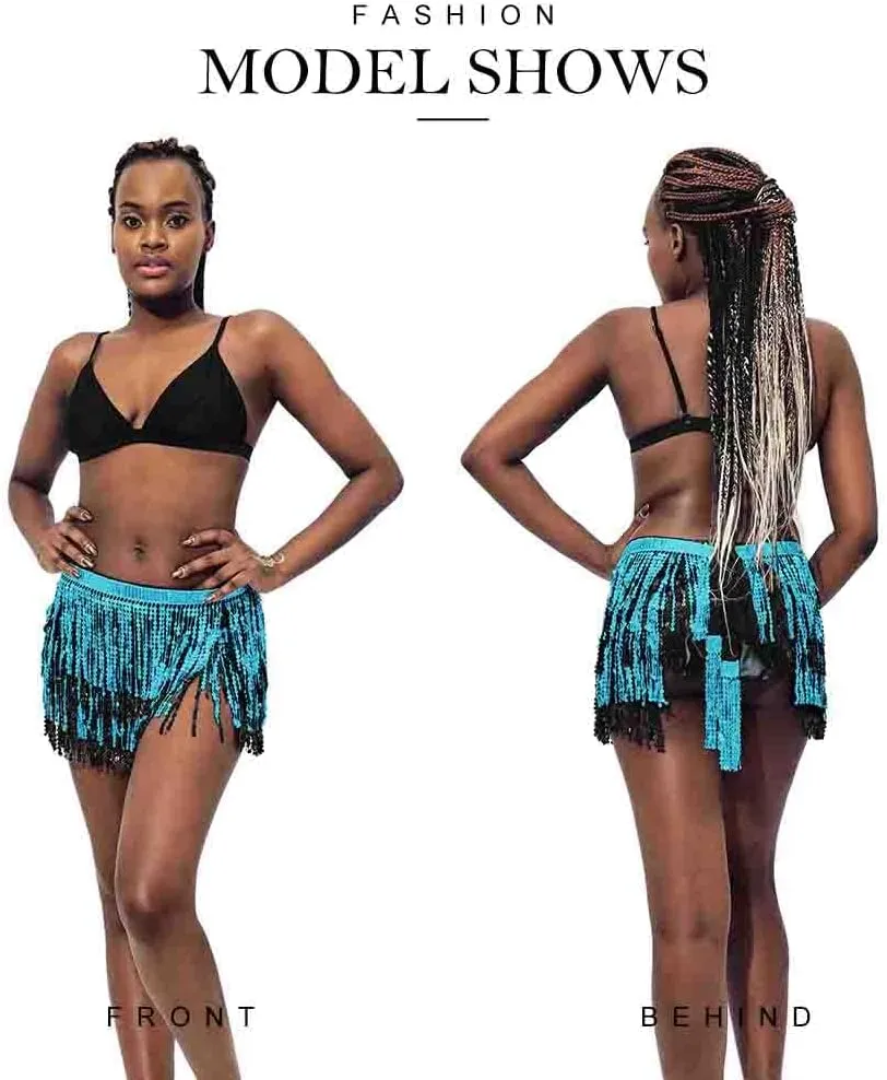 REETAN Sparkly Sequin Fringe Skirt Belly Dance Hip Scarf for Women
